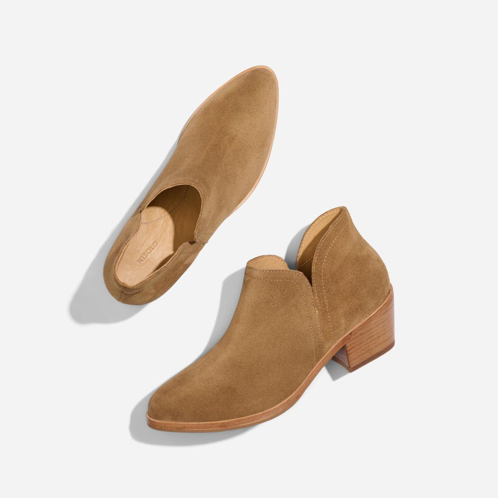 Nisolo Mia Everyday Ankle Bootie Taupe Suede | Women Heels